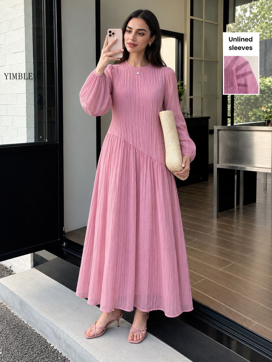 Solavon New Solid Color Loose Fit Comfortable Vacation Versatile Lantern Sleeve Dress Unlined Sleeves Pink Autumn Romantic Elegant
