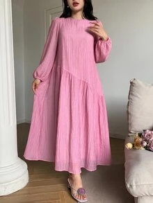 Solavon New Solid Color Loose Fit Comfortable Vacation Versatile Lantern Sleeve Dress Unlined Sleeves Pink Autumn Romantic Elegant - Baby Pink - View 4