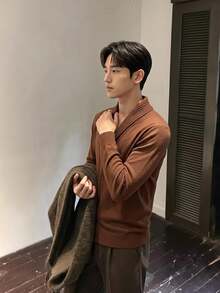 Claim Dot Men's Casual Solid Color Front Cardigan, Autumn/Winter - Brown - View 1