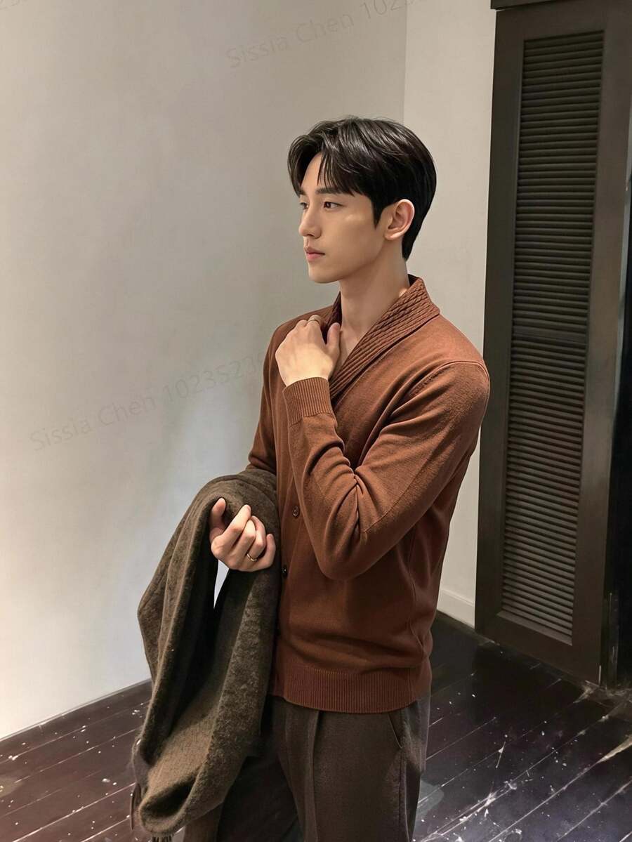 Claim Dot Men's Casual Solid Color Front Cardigan, Autumn/Winter - Brown - View 1