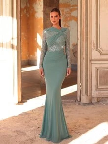 Aureia Elegant Grey-Blue Mesh Pleated Handmade Pearl And Rhinestone Decorated Stand Collar Long Sleeve A-Line Evening Gown - Green - View 6