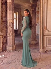 Aureia Elegant Grey-Blue Mesh Pleated Handmade Pearl And Rhinestone Decorated Stand Collar Long Sleeve A-Line Evening Gown - Green - View 4