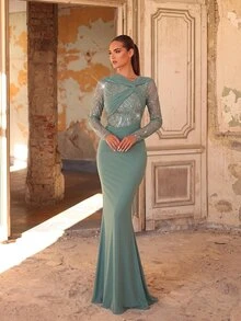 Aureia Elegant Grey-Blue Mesh Pleated Handmade Pearl And Rhinestone Decorated Stand Collar Long Sleeve A-Line Evening Gown - Green - View 3
