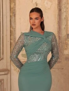 Aureia Elegant Grey-Blue Mesh Pleated Handmade Pearl And Rhinestone Decorated Stand Collar Long Sleeve A-Line Evening Gown - Green - View 7