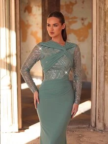 Aureia Elegant Grey-Blue Mesh Pleated Handmade Pearl And Rhinestone Decorated Stand Collar Long Sleeve A-Line Evening Gown - Green - View 5