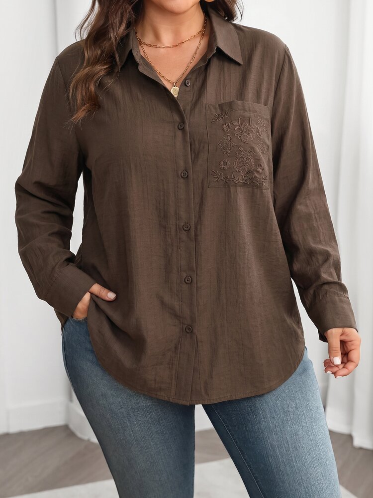 Vionelle Plus Size Women's Fall French Chic Elegant Casual Vacation Office Commute Comfortable Solid Color Faux Linen Shirt Collar Button-Down Blouse Brown - Brown - View 6