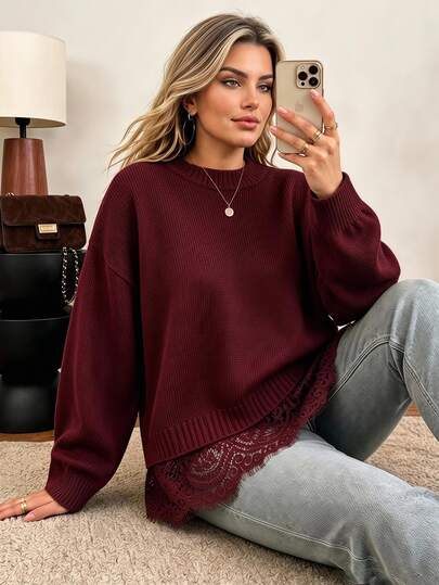 Vionelle Pull 2 en 1 grande taille pour femme, col rond, épaules tombantes, tricot ample, ourlet en dentelle, manches longues, bordeaux, décontracté, pour l'automne, Noël et soirée