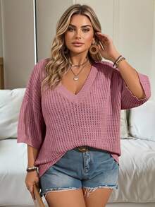 Vionelle Plus Size Women Solid Color V-Neck Casual Baggy 80s Everyday Long Sleeve Sweater Fall Vacation Formal Pink Travel Party - Watermelon Pink - View 1