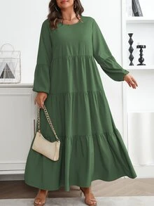 Vionelle 大尺碼女款春夏純色圓領燈籠袖荷葉邊鬆身休閒束腰優雅長洋裝，適合秋季早午餐派對穿搭 - 墨綠色 - 查看 4