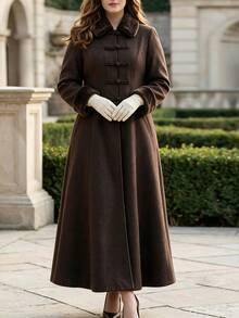 Vionelle Plus Size Women's Fall New Napoleon Style Long Overcoat, Minimalist Elegant Fashion Exquisite Patchwork Fur, Formal Occasions Frog Button Collar Brown - Mocha Brown - View 7