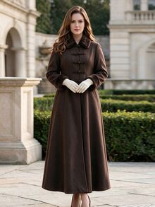 Vionelle Plus Size Women's Fall New Napoleon Style Long Overcoat, Minimalist Elegant Fashion Exquisite Patchwork Fur, Formal Occasions Frog Button Collar Brown - Mocha Brown - View 5
