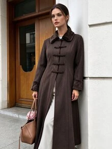Vionelle Plus Size Women's Fall New Napoleon Style Long Overcoat, Minimalist Elegant Fashion Exquisite Patchwork Fur, Formal Occasions Frog Button Collar Brown - Mocha Brown - View 6
