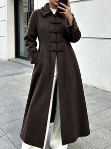 Vionelle Plus Size Women's Fall New Napoleon Style Long Overcoat, Minimalist Elegant Fashion Exquisite Patchwork Fur, Formal Occasions Frog Button Collar Brown - Mocha Brown - View 4