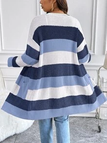 Vionelle Versatile Commute Graduation Vacation Blue White Stripe Colorblock Plus Size Cardigan Sweater Fall Casual Elegant Winter - Multicolor - View 2