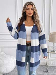 Vionelle Versatile Commute Graduation Vacation Blue White Stripe Colorblock Plus Size Cardigan Sweater Fall Casual Elegant Winter - Multicolor - View 1