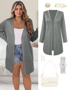 Vionelle Plus Size Women Solid Color Casual Baggy Cargo Versatile Daily Outerwear Fall Homewear Office Travel Grey - Light Grey - View 1
