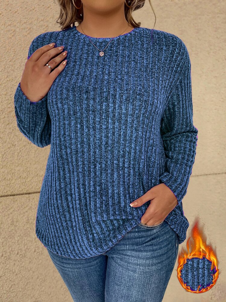 Vionelle Plus Size Plain Long Sleeve T-Shirt, Minimalist Cargo Fashion Casual For Everyday Wear Fall Cloth For Women Home Beach - Royal Blue - View 5