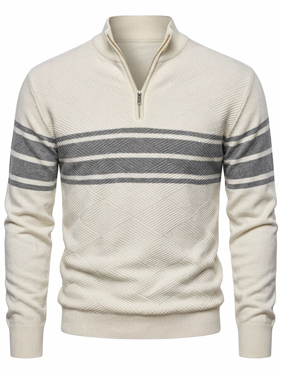 Manfinity Homme Men's Autumn/Winter Striped Zip Half-Placket Long Sleeve Casual Sweater, Unisex Style, Couple Outfit, Office Work Autumn, Best Holiday Gift - Multicolor - View 1