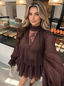 Vionelle Plus Size Solid Color Casual Romantic Elegant Lace Patchwork Sheer Short Cake Dress For Women Date Night Formal Fall - Brown - View 2