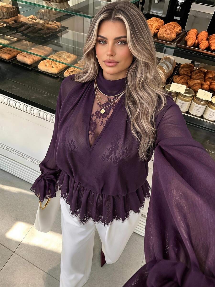 Vionelle Plus Size Solid Color Sheer Lace Patchwork Raglan Sleeve Tie Design Women's Blouse Brunch High Tea Formal Dark Green Summer Elegant Party - Purple - View 1