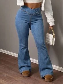 Slaydiva Plus Size Women's Asymmetric Waist Casual 90s Novelty Flare Jeans Party Going Out Evening Fall Halloween - Dark Wash - View 5