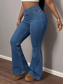 Slaydiva Plus Size Women's Asymmetric Waist Casual 90s Novelty Flare Jeans Party Going Out Evening Fall Halloween - Dark Wash - View 4