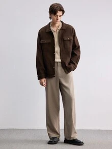 Manfinity Homme 男士純色條紋落肩翻領長袖毛衣，秋冬中性風情侶穿搭，最佳節日禮物 - 杏色 - 查看 6