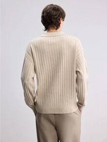 Manfinity Homme 男士純色條紋落肩翻領長袖毛衣，秋冬中性風情侶穿搭，最佳節日禮物 - 杏色 - 查看 2