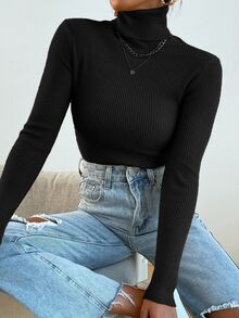 Modelyn كنزة صوفية محبوكة قصيرة بياقة عالية بدون عقد، ملابس علوية كمامات طويلة - الأسود - مشاهدة 5