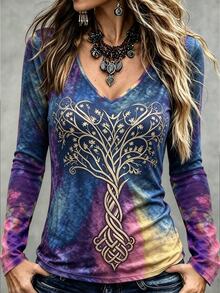 SHEIN LUNE CURVE Women's Long Sleeve V-Neck T-Shirt With Colorful Ink Pattern, Autumn Top Outfit, Suitable For Daily Wear, Travel, Fall Vacation Boho Casual - Multicolor - View 3