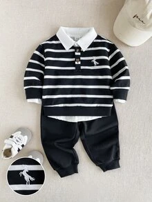 Souflis Souflis Infant & Toddler Preppy Striped Knit Sweatshirt Set, Baby Daily Outings / School Comfortable Sporty 2 Pieces Outfit - Black and White - View 8