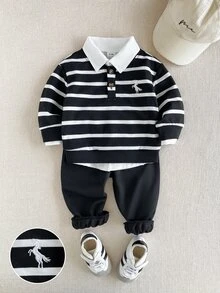 Souflis Souflis Infant & Toddler Preppy Striped Knit Sweatshirt Set, Baby Daily Outings / School Comfortable Sporty 2 Pieces Outfit - Black and White - View 12