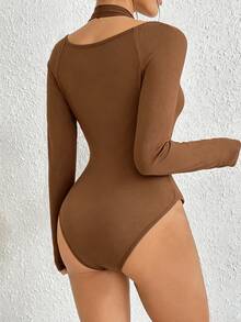 SHEIN Raffinéa 女款純色修身百搭日常穿著長袖連身衣 - 棕色 - 查看 5