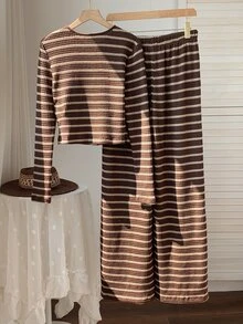 Comfortcana Women's Brown Striped Metal Buckle Waist Top Paired With Loose Pants Two Pieces Set, Casual Wear - Brown - View 2