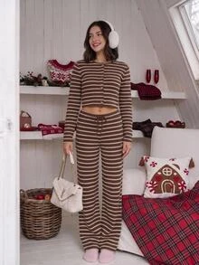 Comfortcana Women's Brown Striped Metal Buckle Waist Top Paired With Loose Pants Two Pieces Set, Casual Wear - Brown - View 8