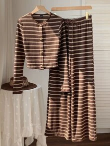 Comfortcana Women's Brown Striped Metal Buckle Waist Top Paired With Loose Pants Two Pieces Set, Casual Wear - Brown - View 3