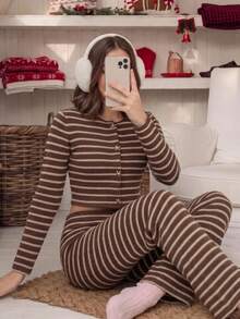 Comfortcana Women's Brown Striped Metal Buckle Waist Top Paired With Loose Pants Two Pieces Set, Casual Wear - Brown - View 1