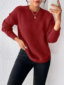 SHEIN Raffinéa 女款純色圓領落肩長袖休閒針織衫 - 紅木色 - 查看 10