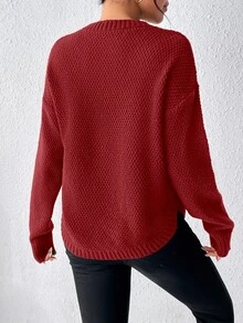 SHEIN Raffinéa 女款純色圓領落肩長袖休閒針織衫 - 紅木色 - 查看 6