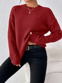 SHEIN Raffinéa 女款純色圓領落肩長袖休閒針織衫 - 紅木色 - 查看 8
