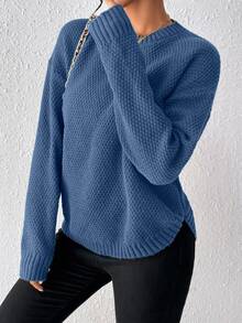SHEIN Raffinéa Women's Solid Color Crew Neck Drop Shoulder Long Sleeve Casual Pullover Sweater Everyday Travel Dusty Blue Fall - Dark Blue - View 7