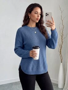 SHEIN Raffinéa Women's Solid Color Crew Neck Drop Shoulder Long Sleeve Casual Pullover Sweater Everyday Travel Dusty Blue Fall - Dark Blue - View 2