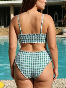 SHEIN Swim Plus Size Swim Mod Plaid Fabric Spaghetti Strap Bow Tie Tankini Bikini Set For Summer Beach Vacation - Green - View 2