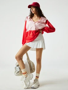 SoleilVie Women's Casual Sporty Color Block Zip-Up Sweatshirt - Red - View 3