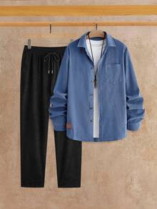 HIMLAND Loose Men's Letter Patch Weave Casual Long Sleeve Shirt And Pants 2 Pieces Set - Blue - View 13