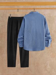 HIMLAND Loose Men's Letter Patch Weave Casual Long Sleeve Shirt And Pants 2 Pieces Set - Blue - View 2