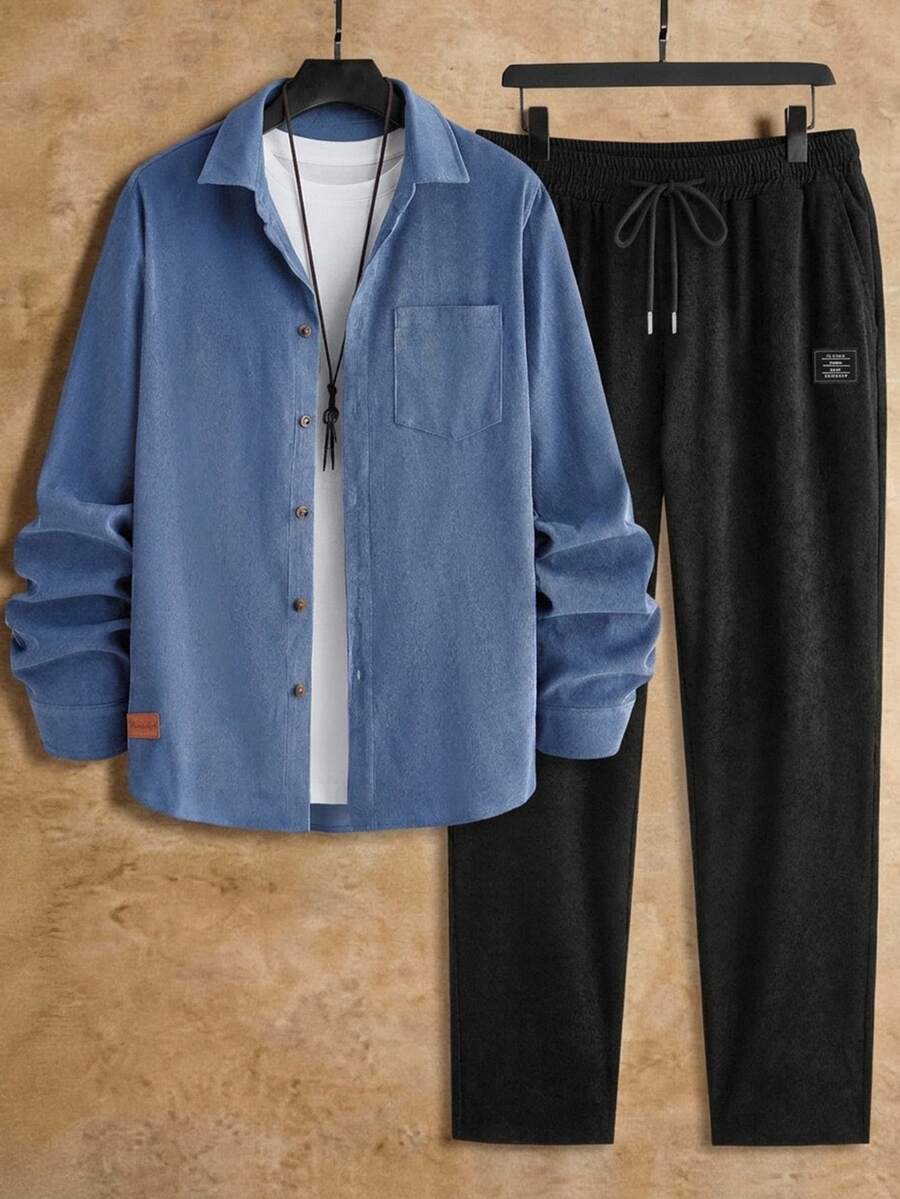 HIMLAND Loose Men's Letter Patch Weave Casual Long Sleeve Shirt And Pants 2 Pieces Set - Blue - View 1