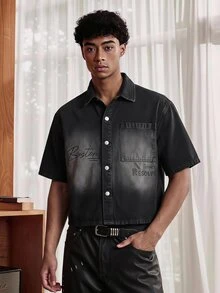 AXEPEAK Men's Washed Printed Jacket, Fashionable Lapel Stylish Short Sleeve Casual Outerwear - Black - View 1
