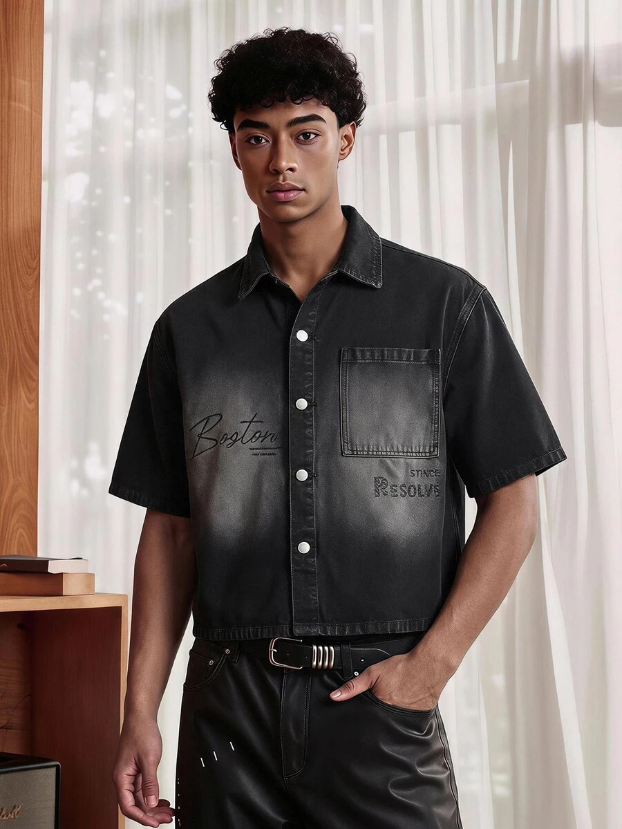 AXEPEAK Men's Washed Printed Jacket, Fashionable Lapel Stylish Short Sleeve Casual Outerwear - Black - View 1