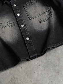 AXEPEAK Men's Washed Printed Jacket, Fashionable Lapel Stylish Short Sleeve Casual Outerwear - Black - View 4